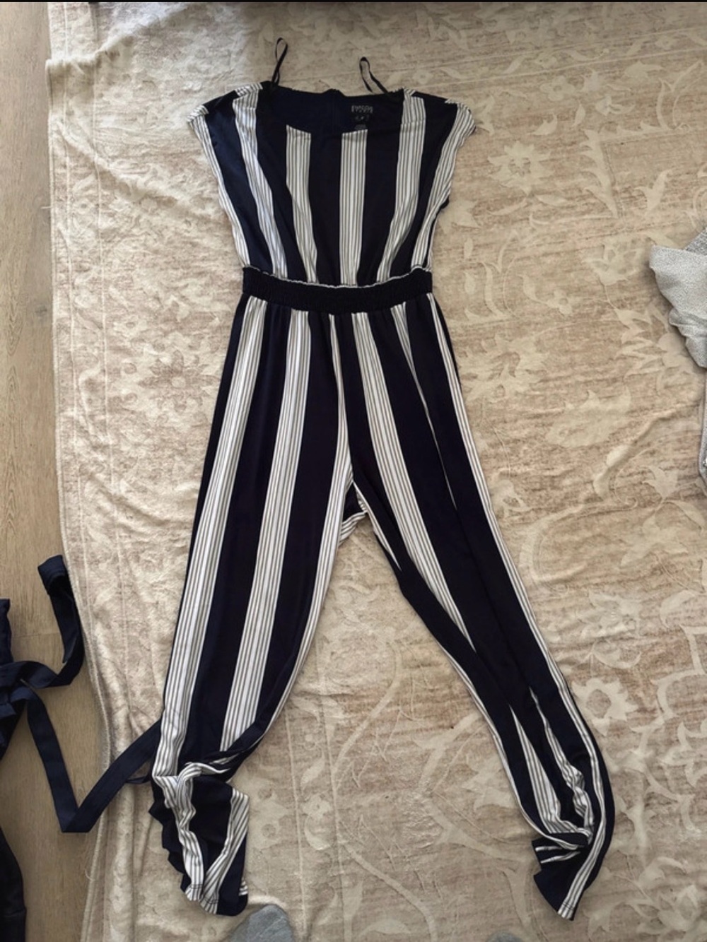 Enfocus Studio Navy & White Vertical Stripe Wide-Leg Jumpsuit